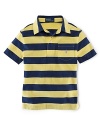 A classic polo is rendered in striped jersey-knit cotton for a preppy look.