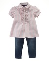 A precious set pairs a sweet, ruffled oxford with an ultra-comfy stretch jean legging for a preppy, put-together look.