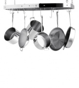 Hung up on kitchen clutter? Clean up the kitchen with a solid stainless steel rack that uses magnetic hooks that stay firmly in place when removing and replacing pots and pans for easy prep and cleanup. Including 8 short and 4 long hooks, this rack lets you decide the placement of hooks for a kitchen catered to your needs. Lifetime warranty.