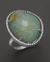 Diamonds circle a faceted rutilated quartz and green amazonite doublet in a sterling silver band. By Di Massima.