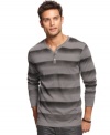 Marc Ecko Cut & Sew shows this henley the street via air brush-effect stripes on a sidewalk-gray ground.