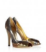 Channel luxe disco-inspired style in these multicolored metallic peep-toe pumps from Casadei - Peep-toe, multicolored metallic panels, high stiletto heel - Wear with a flowing halter neck dress or a pencil skirt and a tie-neck blouse