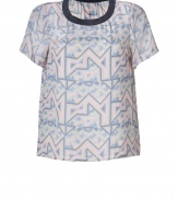 With a cool graphic print in soft shades of pastel, Marc by Marc Jacobs silk tee lends a sweet feminine edge to any outfit - Round neckline with solid trim, short sleeves, pleat detailing at nape - Loosely draped fit - Wear with figure-hugging separates and bright leather accessories