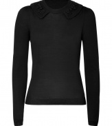 Finish your outfit on a ladylike note with Valentino R.E.D.s sleek black fleece wool pullover, finished with a textural crochet-knit collar for a super feminine look - Rounded neckline, long sleeves, fine ribbed trim, slim fit - Pair with pencil skirts and pumps for work, or with jeans and favorite ballerinas for chic weekends