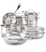 Step up to chef! Emeril Lagasse redefines the way you work in the kitchen with an efficient, stylish and incredibly smart set of professional pieces. Crafted from 18/10 stainless steel with impact-bonded aluminum bases, each essential heats up fast and evenly for perfect results time and time again. Lifetime warranty. Qualifies for Rebate