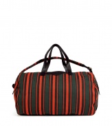 Bring the seasons hottest stripe trend to your everyday essentials with this vibrant Marc by Marc Jacobs duffle bag - Classic duffle style, small shoulder strap, top carrying handles, top zip closure, internal and side zip pockets, all-over strip print - Perfect for work, the gym, or travel