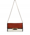 With a cool colorblock and modern black trim, Diane von Furstenbergs tri-tone leather clutch lends a contemporary edge to day and evening looks alike - Flap with matte push-lock bar closure, back slot pocket, removable snake-chain shoulder strap, inside zippered back wall pocket and card slot, gold-toned hardware - Wear during the day with edgy separates, or carry as a clutch at night with sleek cocktail frocks