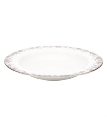 Fashion a stunning table in French Lace dinnerware. Platinum trim and an intricate floral pattern plucked right off the runway adorn this elegant, easy-clean rim soup bowl from Marchesa by Lenox.