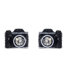 Enhance your photogenic good looks with Betsey Johnson's chic studs. Featuring black cameras with round-cut crystal flashbulbs. Crafted in mixed metal. Approximate diameter: 1 inch.