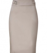 Stylish skirt in fine, dark beige cotton stretch blend - Perennially chic, curve-hugging pencil cut - Flattering A-Line silhouette - High waist with decorative belt - Rear vent and back zip - A polished classic ideal for work and evenings out - Pair with a silk tank or button down blouse, cropped blazer and peep toe pumps