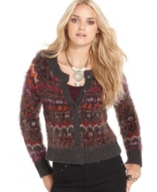 Add on-trend texture to your fall look with this patterned Kensie cardigan -- a hot layering piece!