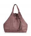 Contemporary looks get a pretty Parisian finish with Vanessa Brunos super soft smoky violet leather carryall tote - Laser cut top trim, tasseled tag, inside zippered back wall pocket, unlined - Perfect for work or chic weekend shopping trips