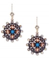 A modern classic. Betsey Johnson's purple medallion drop earrings feature flower and crystal accents. Crafted in antiqued gold tone mixed metal. Approximate drop: 2-3/8 inches.