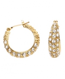 Monet improves classic hoop earrings with a little texture and sparkling crystal accents. In goldtone mixed metal. Approximate diameter: 3/4 inch.