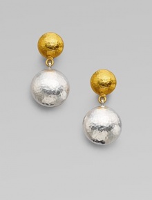 From the Lentil Collection. A pair of hammered spheres - yellow gold and white sterling silver - create an effortlessly elegant drop design.24k yellow gold Sterling silver Length, about 1 Post Back Imported