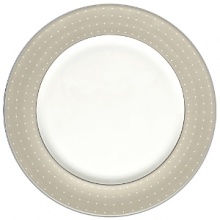 The embodiment of simplicity and grace, platinum bands and pure white stitches with raised dots adorn a pearlescent linen border. Inspired by the silk fabrics in Monique's evening gown designs, pearlized blue and tan accent colors create a look that is both elegant and beautifully serene.