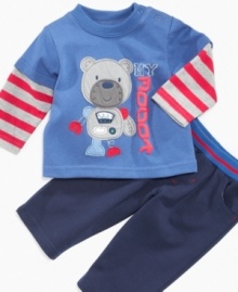 Fun and comfy pants capitalize on the cuteness of this two-piece set that bears a cuddly graphic front!