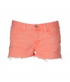 With distressed styling in an eye-catching neon coral hue, J Brand Jeans frayed cut-offs are an eye-catching way to amp up warm weather looks - Classic five-pocket style, button closure, belt loops, distressed detailing on the front - Fitted - Wear with an oversized button-down and bright leather sandals