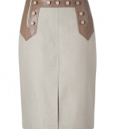 Ultra stylish Taupe A-line skirt from Raoul - Leather button-front and tie-back details add instant chic to this A-line skirt - Classic A-line silhouette, front kick pleat, hidden side zipper - Wear with a tie-neck blouse, patterned nude tights, and platforms