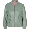 With its retro styling and ultra-modern shade of oregano green, Marc by Marc Jacobs lambskin jacket is a cool choice for adding that chic vintage flair to your outfit - Collarless, bracelet-length sleeves, tonal ribbed knit cuffs and hemline, allover dot embossing, snapped front pockets, front zip - Loosely fitted - Wear over tissue tees with edgy slim-fit separates