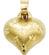 Sweet romance. This cute heart charm features a unique diamond-cut and satin surface in 14k gold. Chain not included. Approximate length: 3/5 inch. Approximate width: 2/5 inch.