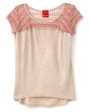 Boho-inspired crocheted mesh adds an earthy vibe to a casual short sleeve top from Little Ella.