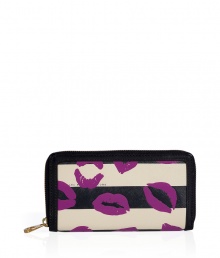 Detailed with a mash-up of bold graphic prints, Marc by Marc Jacobs stripey lips wallet is a fun choice for stashing away your everyday essentials - Metal zip-around closure, zippered change purse, multiple credit card slots, leather trim - Carry alone for running quick errands, or slip into a bright monochrome handbag