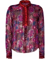 An ultra-chic psychedelic-inspired print covers this metallic-detailed blouse from Anna Sui- Stand collar with crochet details, long sleeves with crochet-detailed cuffs, front button placket with crochet bib front, semi-sheer, all-over print - Style with skinny jeans, cropped trousers, or a pencil skirt