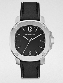 A classic timepiece with a brushed, stainless steel case and a luxurious, stitched leather strap. Quartz movementWater resistant to 5 ATMOctagonal stainless steel case, 43mm (1.7) Screw accented bezelBlack dialBar and numeric hour markersDate display at 3 o'clockSecond hand Black stitched leather strapMade in Switzerland 