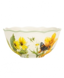 Garden party. The Floral Meadow fruit bowl brings eternal spring with a mixed bouquet rooted in resilient everyday porcelain. A scalloped edge and green banding add to the charm of the graceful mix-and-match Lenox dinnerware collection. Qualifies for Rebate