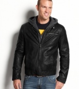 Edge and urban seamlessly meet in this sleek Kenneth Cole Reaction faux-leather bomber jacket for style that makes a statement without saying a word.