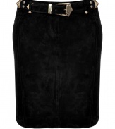 Infuse downtown-chic and undeniable sex appeal into your look with this ultra luxe skirt from It label Balmain - Denim-style, zip with button fly, detachable belt with gold-tone hardware, pencil silhouette, back zip pockets, back slit - Style with a sheer blouse, patterned stockings, and platform booties