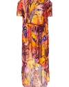 Luxurious and dramatic dress in fine patterned viscose - Designed by the fashion darling Matthew Williamson, know for his spectacular prints - Features a stylish floral pattern in bright orange and indigo - Draped casually with a round neckline, feminine waist belt and sexy, cut-out short sleeves and back - Skirt is floor-length at back and short at front - Chic, modern and glamorous, looks great with peep toe heels when dressed up, or on holiday with metallic flat sandals