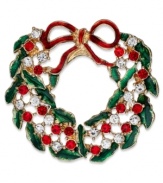 Display your joy for the holidays with Charter Club's wreath pin. Lovely touches of clear and red crystals and green epoxy start the season off right. Crafted in gold tone mixed metal. Approximate diameter: 1-1/2 inches.