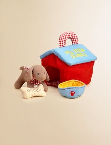 Baby's best friend might be My Little Puppy playset. The soft-sided red doghouse is sized just-right for baby with an easy-to-hold checkered handle. The doghouse comes with 3 soft play pieces: a brown puppy that rattles, a blue bowl that crinkles and a bone-shaped biscuit.6H X 7W X 5DRecommended for ages 0 and upPolyesterMachine washImported