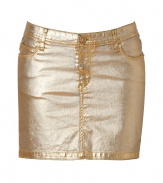 Shimmer into the new season in Faith Connexions golden cotton stretch mini-skirt, guaranteed to add a radiant edge to your outfit - Classic five-pocket style, button closure, belt loops, form-fitting - Dress down for day with oversized chunky knits and kick-around ankle boots