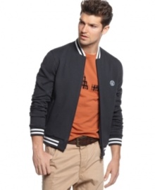 Throw on this classic looking varsity zip up for some throwback style.