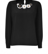 With its textural floral embellishment and chic silk, Moschinos black top is perfect for dressing up polished workweek looks - Round neckline, long sleeves, slit with button closure at nape - Loosely fitted - Wear with a pencil skirt, leather tote and peep-toes