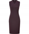 Elegant dress in burgundy-colored synthetic fiber- wool blend - Modern shape is slim, feminine and clean with simple decorative stitching - Sleeveless with a v-neckline, and concealed zip and vent at back - A powerful choice for the office with classic pumps, or for after work with ankle boots and a dramatic clutch