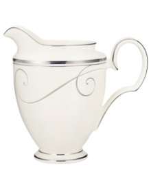 Fluid platinum scrolls glide freely throughout this beautiful fine china creamer from Noritake. Easy to match with any decor, the fresh and elegant Platinum Wave collection of dinnerware and dishes is a timeless look for fine dining or luxurious everyday meals. Holds 10 oz.