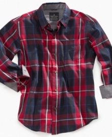 He can complete a classic fall look with the help of the big plaid design on this shirt from Nautica.