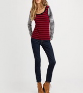 Contrast stripes converge in this eye-popping scoopneck top.Long sleevesPullover styleAbout 22¼ from shoulder to hem94% viscose/6% elastomeroDry cleanMade in USA of Italian fabric