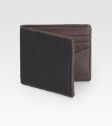 An inspired look based on a classic suiting pinstripe with a pebbled leather interior. Backed for stability and durability Bill compartment Six card slots About 4 X 3½ Imported 