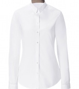 Turn up your cuffs and showcase Burberrys iconic check in this crisp white button-down from Burberry London - Classic collar with checked lining, long sleeves, buttoned turn-up checked cuffs, button-down front, shirttail hemline - Form-fitting - Wear with everything from jeans and flats to pencil skirts and heels