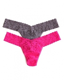 This low rise thong in soft, stretchy, lace is made for comfortable support: threaded with curve-hugging, ultra-thin elastic fibers.