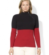 Lauren Ralph Lauren's soft ribbed cotton plus size top is crafted with an angled zipper at the mockneck for sleek, modern style.