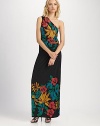 Lush florals highlight this stunning one shoulder silhouette of luxe jersey.Single shoulderDropped waistSide zipperPleats at back skirtAbout 41 from natural waist70% viscose/30% lyocellDry cleanImportedModel shown is 5'9½ (177cm) wearing US size 4.