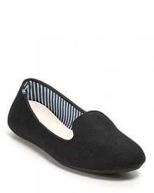 Wool adds cozy-chic style to these sleek smoking flats. By Charles Philip.