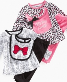 Charming 3 piece patterned top, graphic bib, and solid pant set by First Impressions.