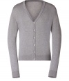 Stylish cardigan in fine, pure silver-colored cotton - Super-soft, densely woven fabric feels great against the skin - Elegant, deep v-neck and rib trim at cuffs and hem - Button placket extends from chest to hem - Modern silhouette is straight and fitted - A polished, versatile basic in any wardrobe - Dress up with a button down, ankle-cropped trousers and leather lace-ups, or go for a more casual look with a t-shirt, jeans and trainers